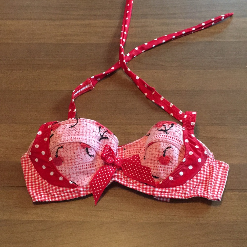 ADORABLE retro pinup cherry gingham polka dot lace swimsuit bikini 👙 🍒 - Picture 5 of 16